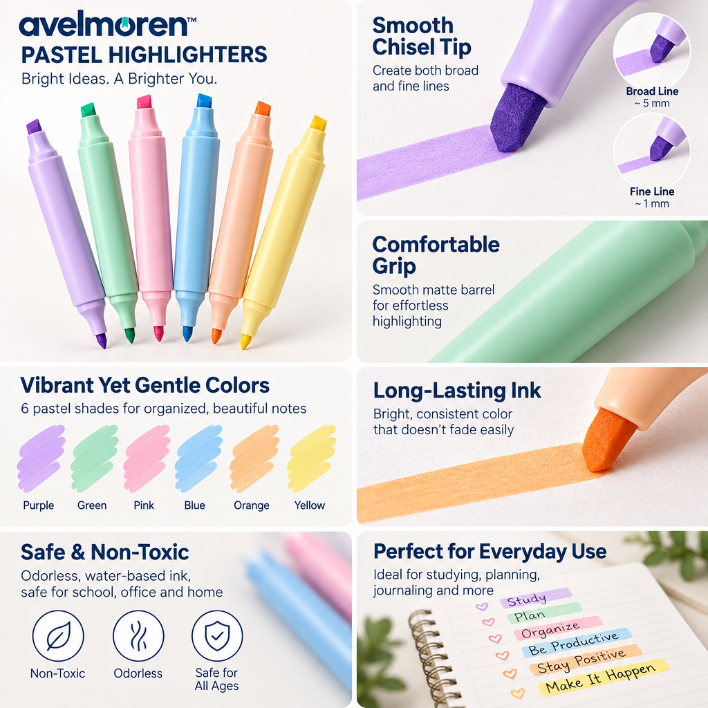 Avelmoren™ Dual-Tip Pastel Highlighter Set